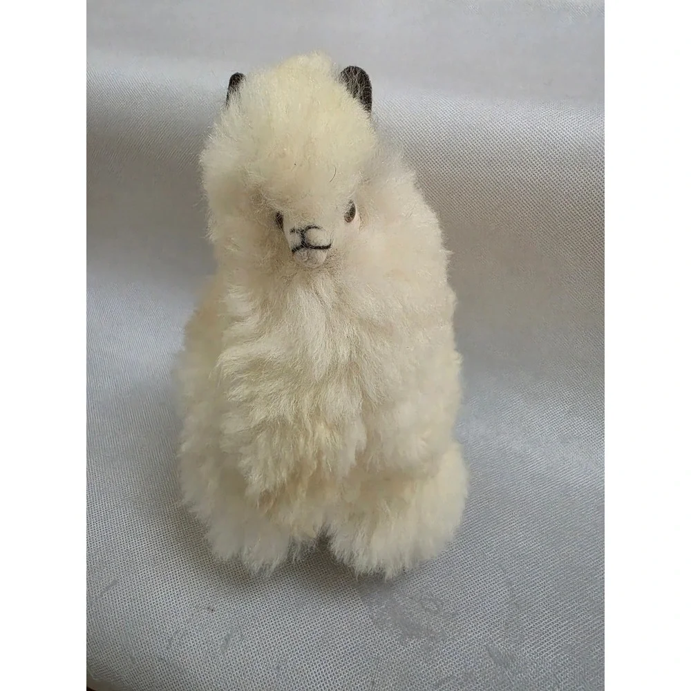 Vintage Handmade Real Alpaca Fur Llama Figurine White Small Stuffed Toy
